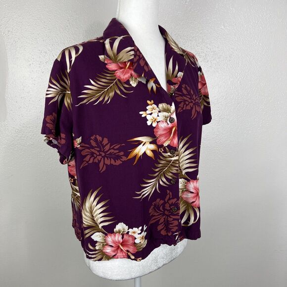 Two Palms Hawaiian Shirt Women Extra Large Purple Tropical Sonic Orchid Cropped - Picture 3 of 12